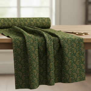 Draped green paisley fabric