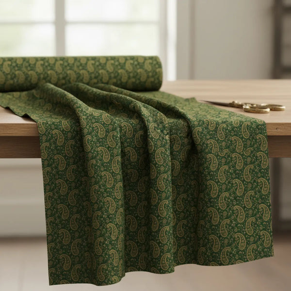 DipaliZ Green Paisley Fabric by the Yard — shown draped to show the drape and hand of the cloth
