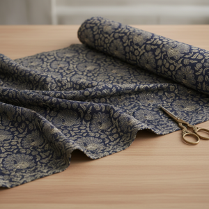 Draped navy peacock fabric