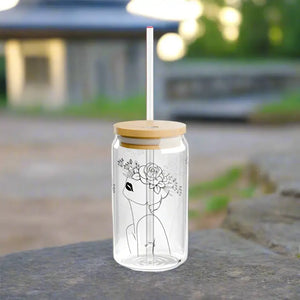 Woman with Flower Hat Tempered Sipper Glass Bamboo Lid - Dipaliz - Tumblers