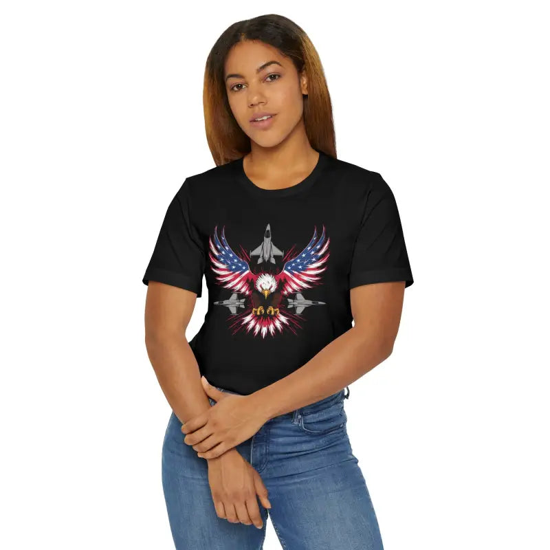 Unleash Patriotism with the Majestic Eagle & Flag Tee! - Black / s T-shirt