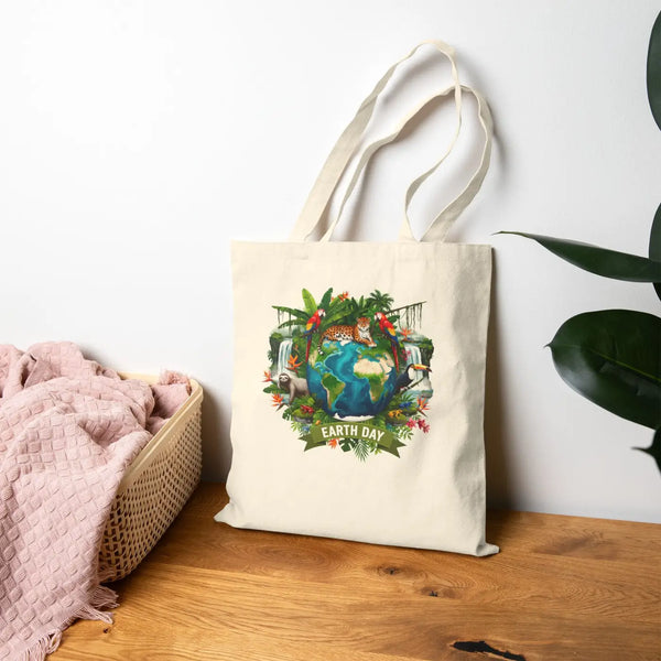 Earth Day Canvas Tote Bag, Eco-friendly Reusable Shopper with ?Earth Day’ Floral Globe Design - Natural / 15’’ x 16’’ - B
