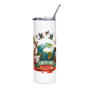 Earth Day Stainless Steel Tumbler – 20oz Reusable Eco-friendly Travel Cup with Wildlife Design - White - Mug