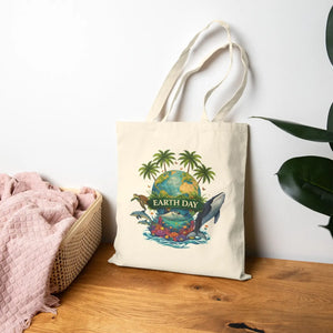 Earth Day Tote Bag, Eco Canvas with Globe & Wildlife Design - Natural / 15’’ x 16’’ - Bags