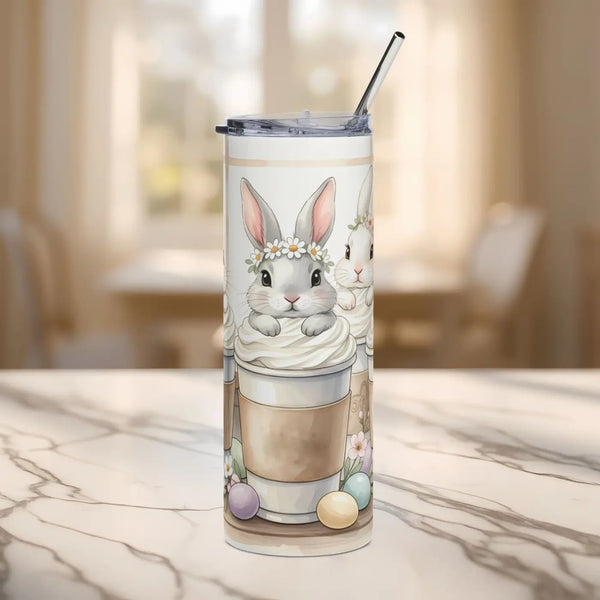 Easter Bunny Coffee Tumbler, 20oz Stainless Steel Cute Spring Travel Cup - White - Mug