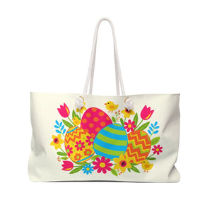 Easter Eggs & Blooms Weekender Bag, Spring Travel Tote with Floral Chick Design - 24’’ × 13’’ - Bags