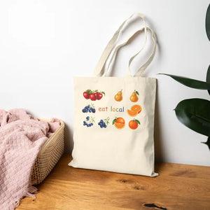 Bags - Eat Local Produce Canvas Tote - Farmers Market Bag - Dipaliz Natural / 15’’ x 16’’