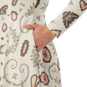 Dresses - Long Sleeve Midi Dress Nature Pattern Eco Floral - Dipaliz