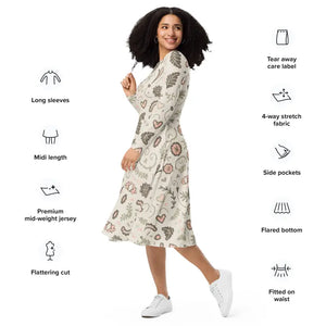 Dresses - Long Sleeve Midi Dress Nature Pattern Eco Floral - Dipaliz