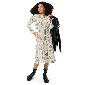 Dresses - Long Sleeve Midi Dress Nature Pattern Eco Floral - Dipaliz