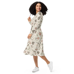 Dresses - Long Sleeve Midi Dress Nature Pattern Eco Floral - Dipaliz