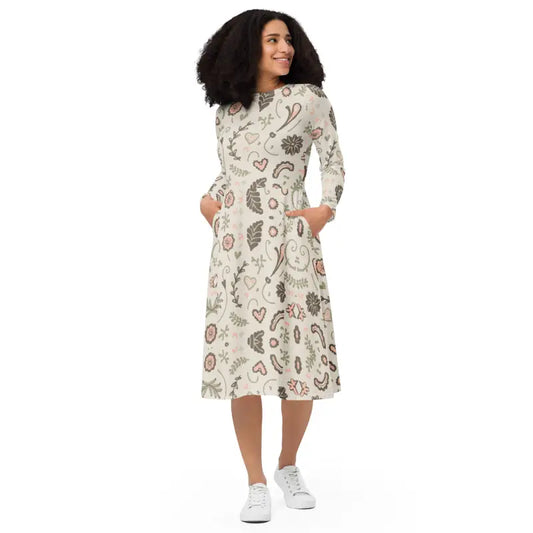 Eco-chic Long Sleeve Midi Dress with Floral Nature Pattern - Xs Dresses