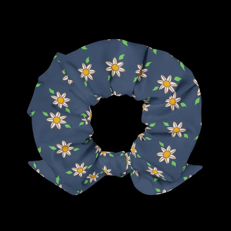 Eco-chic Navy Blue Recycled Scrunchie with White Flowers - Hair Accessory