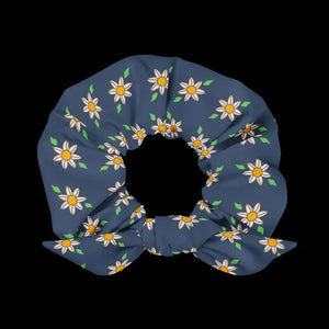 Recycled Scrunchie Navy Blue White Flowers Eco Friendly - Dipaliz - Ponytail Holders