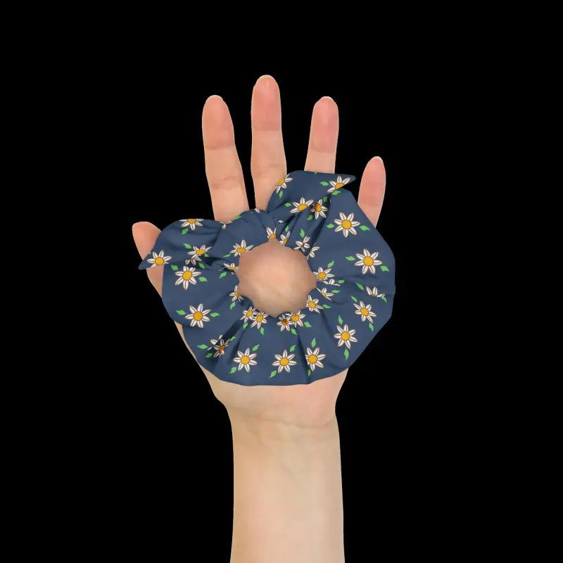 Eco-chic Navy Blue Recycled Scrunchie with White Flowers - Hair Accessory