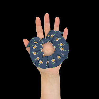 Eco-chic Navy Blue Recycled Scrunchie with White Flowers - Hair Accessory