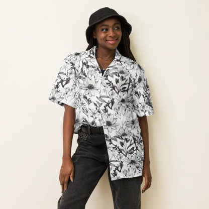 Eco-chic Unisex Button Shirt with Graphic Flowers Flair