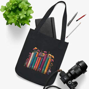 Eco Friendly Tote Bag Books and Flowers Organizer - Dipaliz - one Size / Black - Bags