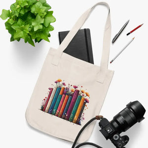 Eco Friendly Tote Bag Books and Flowers Organizer - Dipaliz - one Size / Natural - Bags