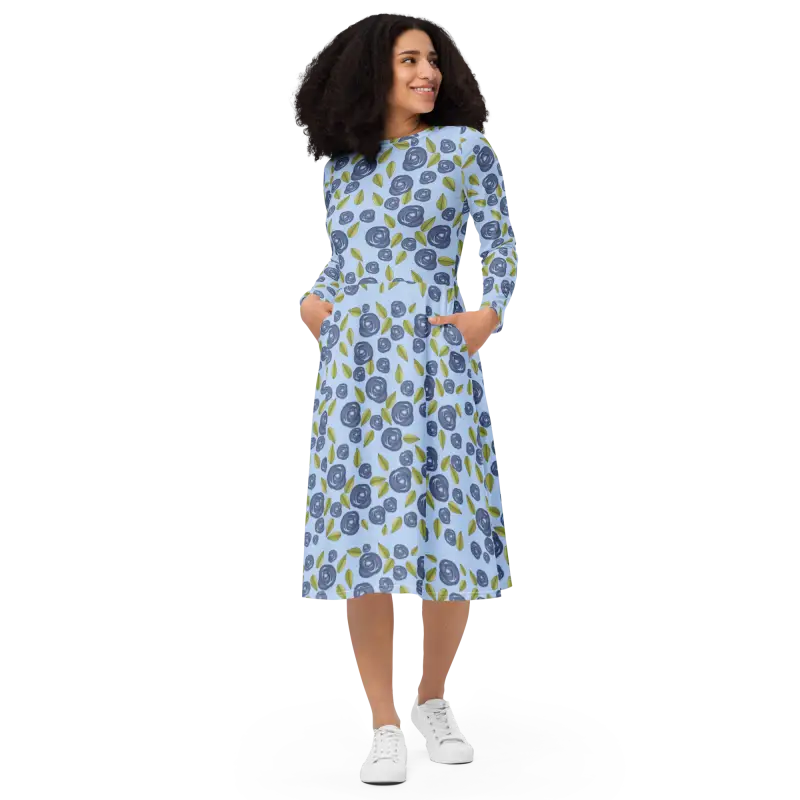 Eco-friendly Blue Roses Long Sleeve Midi Dress