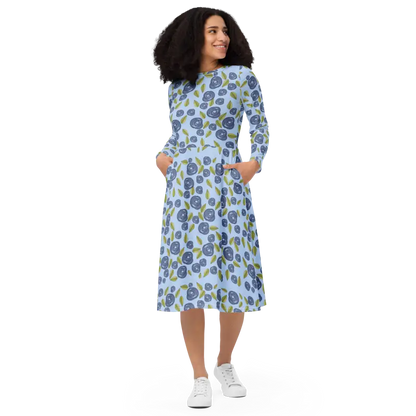 Eco-friendly Blue Roses Long Sleeve Midi Dress