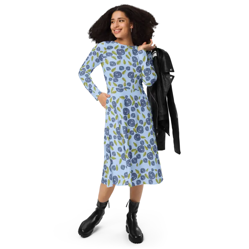 Eco-friendly Blue Roses Long Sleeve Midi Dress - Xs