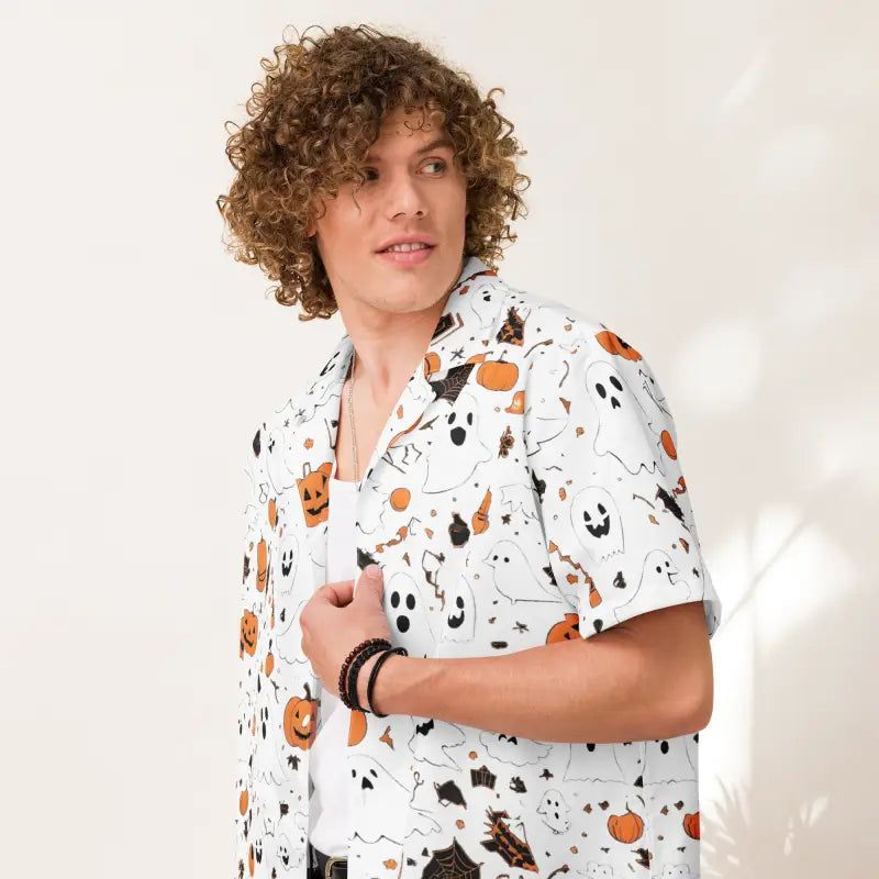 Eco-friendly Spooky Unisex Button Shirt for Halloween Fun