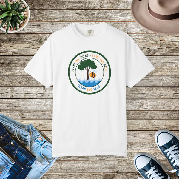 Eco Rescue T-shirt, ?Plant the Trees • Save Bees • Clean Seas” - White / s