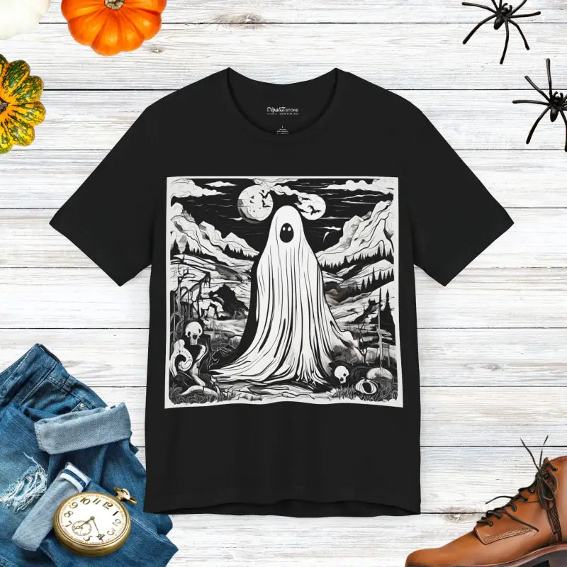 Eerie Ghost Halloween Unisex Jersey Short Sleeve Tee - Black / s T-shirt