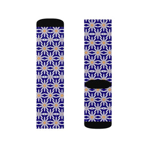 Electric Blue Sublimation Socks White Flowers Bold Style - Dipaliz