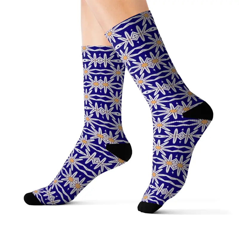 Electric Blue Sublimation Socks with White Flowers - l