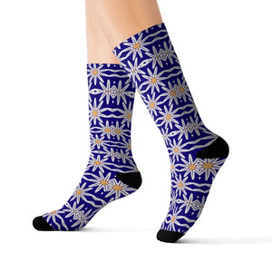Electric Blue Sublimation Socks White Flowers Bold Style - Dipaliz - s