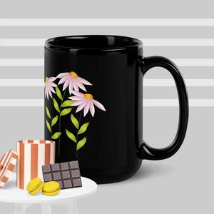 Mugs - Pink Blossom Black Glossy Mug - Elegant Drinkware - Dipaliz 15oz