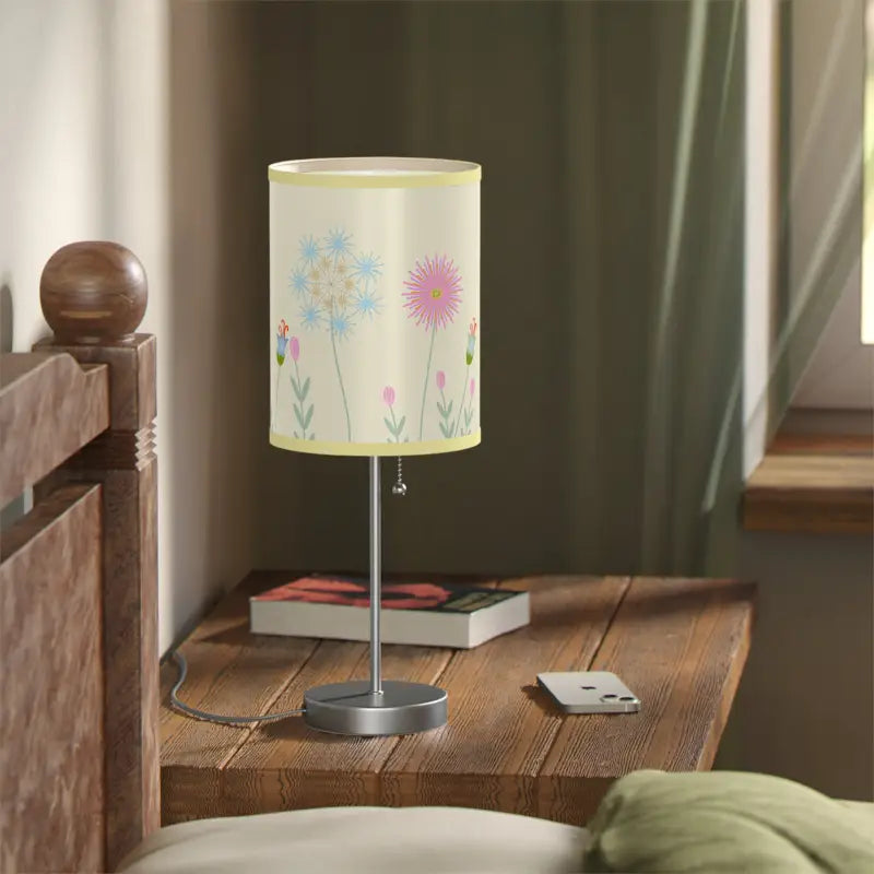 Illuminate Elegance: Floral Print Lamp with Steel Base - Light Yellow / Silver / one Size Home Decor