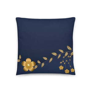 Navy Blue Basic Pillow with Golden Flower Design - Dipaliz - 18″×18″ - Throw Pillows