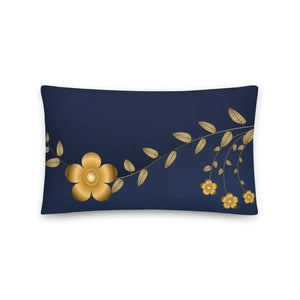 Navy Blue Basic Pillow with Golden Flower Design - Dipaliz - 20″×12″ - Throw Pillows