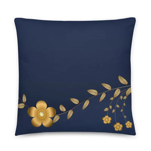 Navy Blue Basic Pillow with Golden Flower Design - Dipaliz - 22″×22″ - Throw Pillows