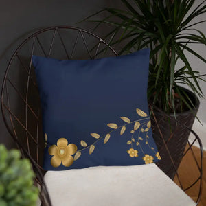Navy Blue Basic Pillow with Golden Flower Design - Dipaliz - Throw Pillows