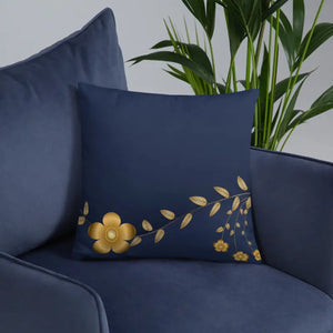 Navy Blue Basic Pillow with Golden Flower Design - Dipaliz - Throw Pillows