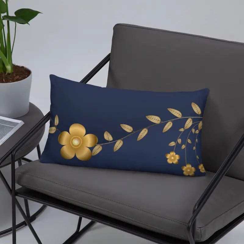 Navy Blue Golden Flower Pillow: Elevate your Living Space - Home Decor