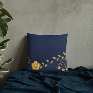 Navy Blue Basic Pillow with Golden Flower Design - Dipaliz - Throw Pillows