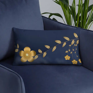 Navy Blue Basic Pillow with Golden Flower Design - Dipaliz - Throw Pillows