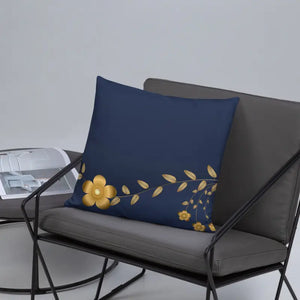 Navy Blue Basic Pillow with Golden Flower Design - Dipaliz - Throw Pillows