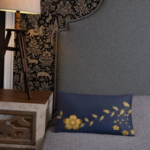 Navy Blue Basic Pillow with Golden Flower Design - Dipaliz - Throw Pillows