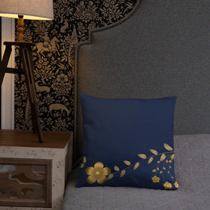 Navy Blue Basic Pillow with Golden Flower Design - Dipaliz - Throw Pillows