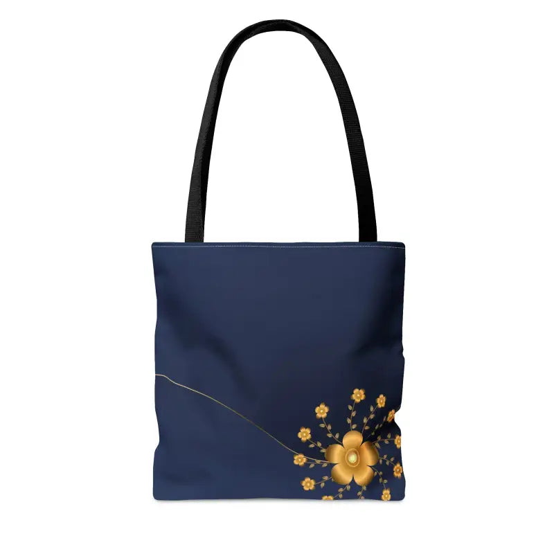 Chic Navy Blue Tote with Gold Flowers for Elegant Style - Bags