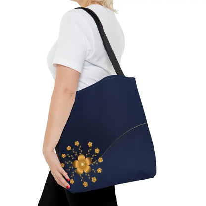 Chic Navy Blue Tote with Gold Flowers for Elegant Style - Medium Bags