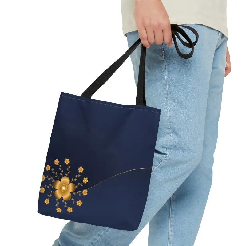 Chic Navy Blue Tote with Gold Flowers for Elegant Style - Small Bags