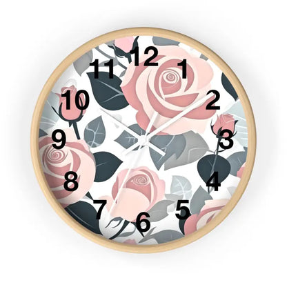 Timeless Elegance: Pink Roses Wall Clock for your Home - Wooden / White / 10’’ Decor