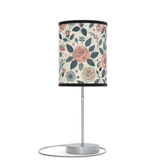 Elegant Table Lamp with Pastel Rose Flowers & Steel Base - Black / Silver / one Size Home Decor